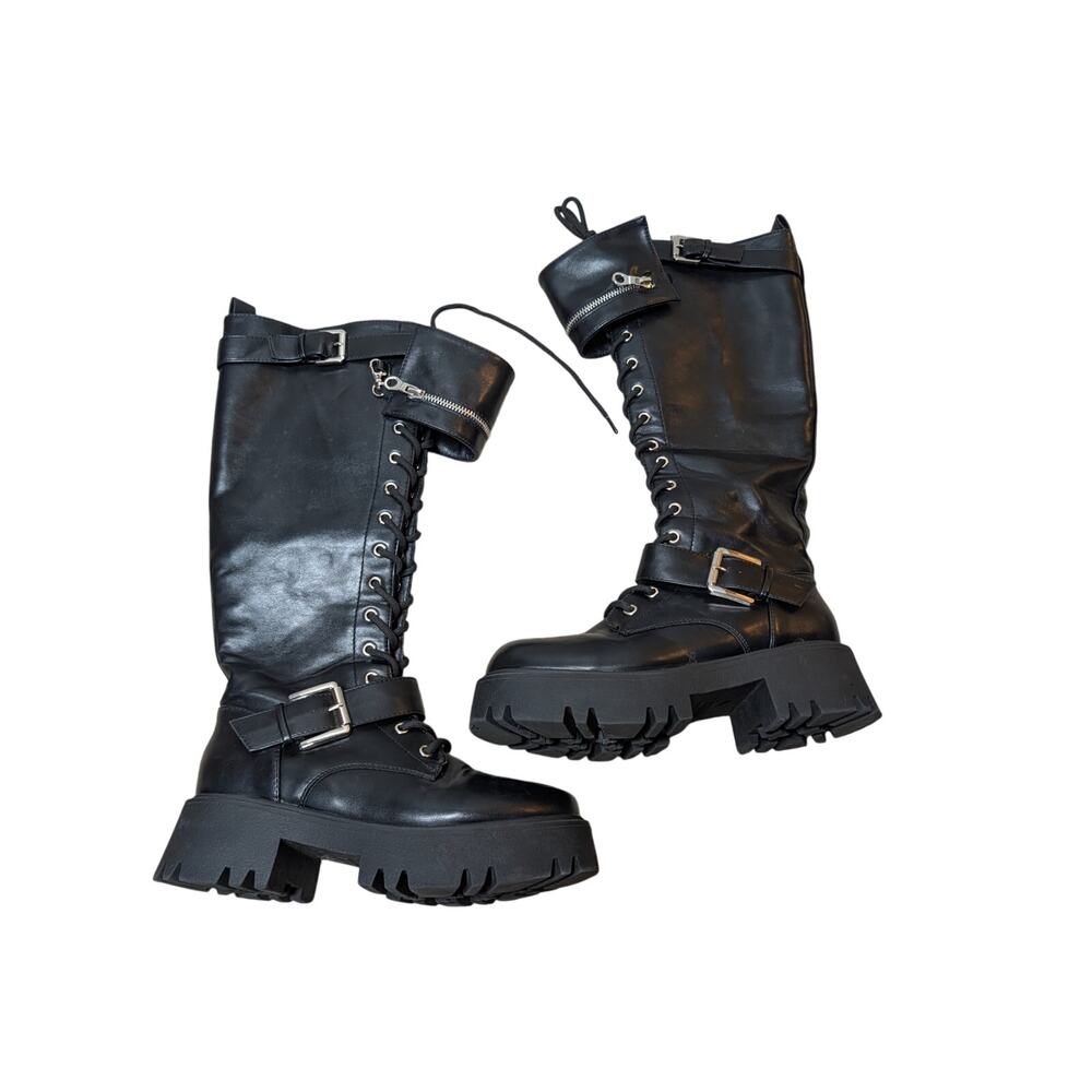 Dream Pairs Women 8.5 Black Knee High Combat Boots Chunky Lug Sole Buckle Zip - Picture 2 of 10
